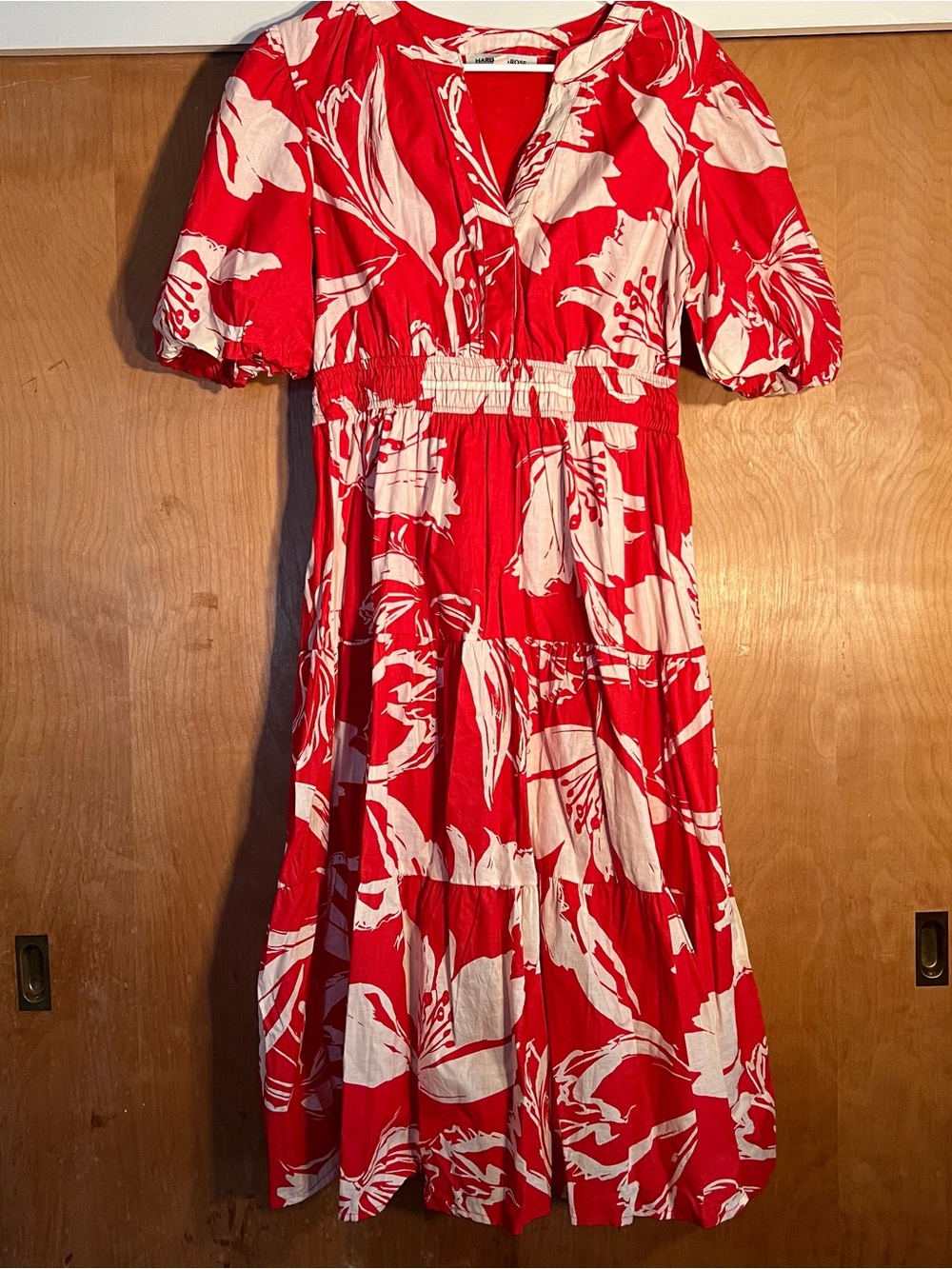 Red Floral Maxi Dress with Puff Sleeves